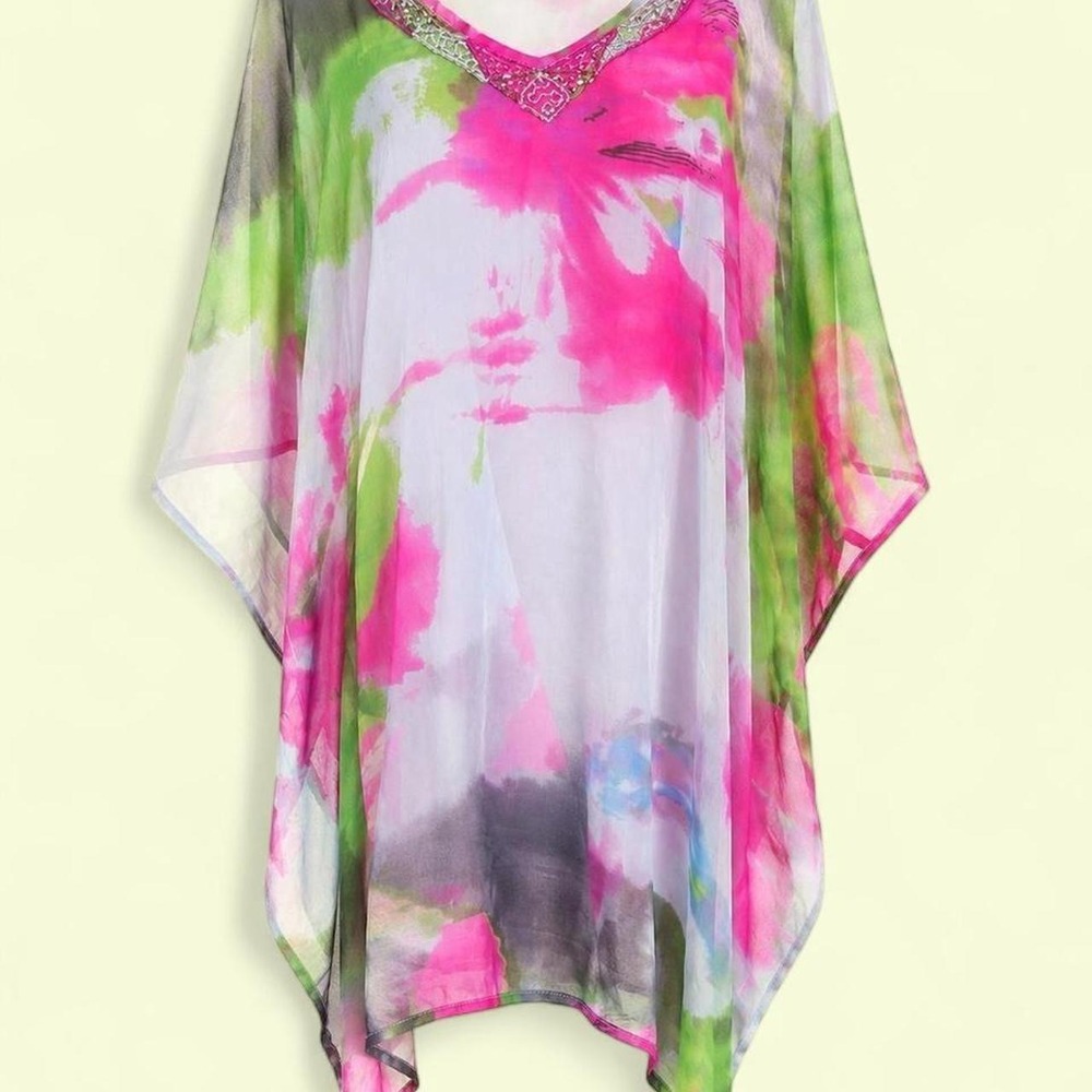Vintage Pink, Green, Purple Watercolor Sheer Poncho